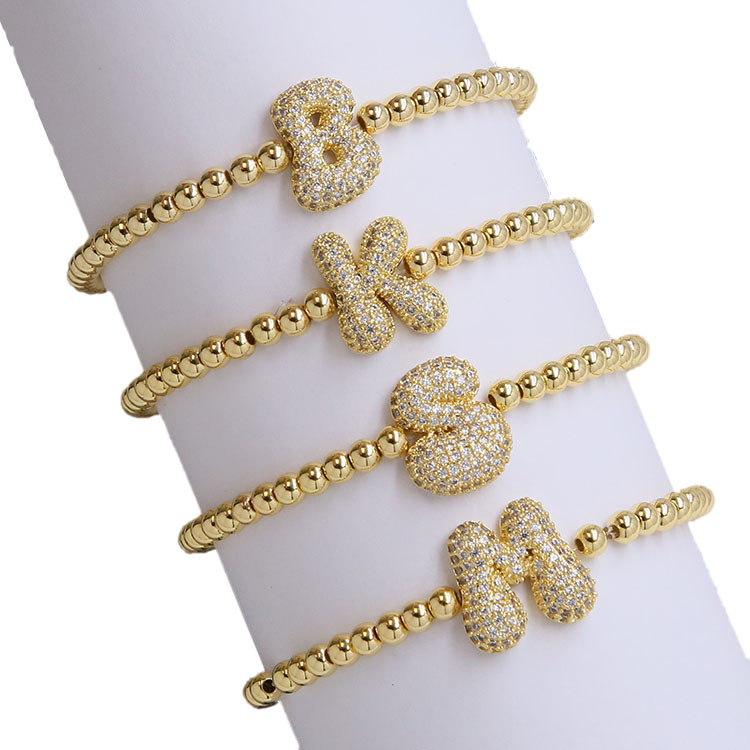 wholesale 18k Gold Plated Puffed Bubble Initial Letter Elastic Bracelet