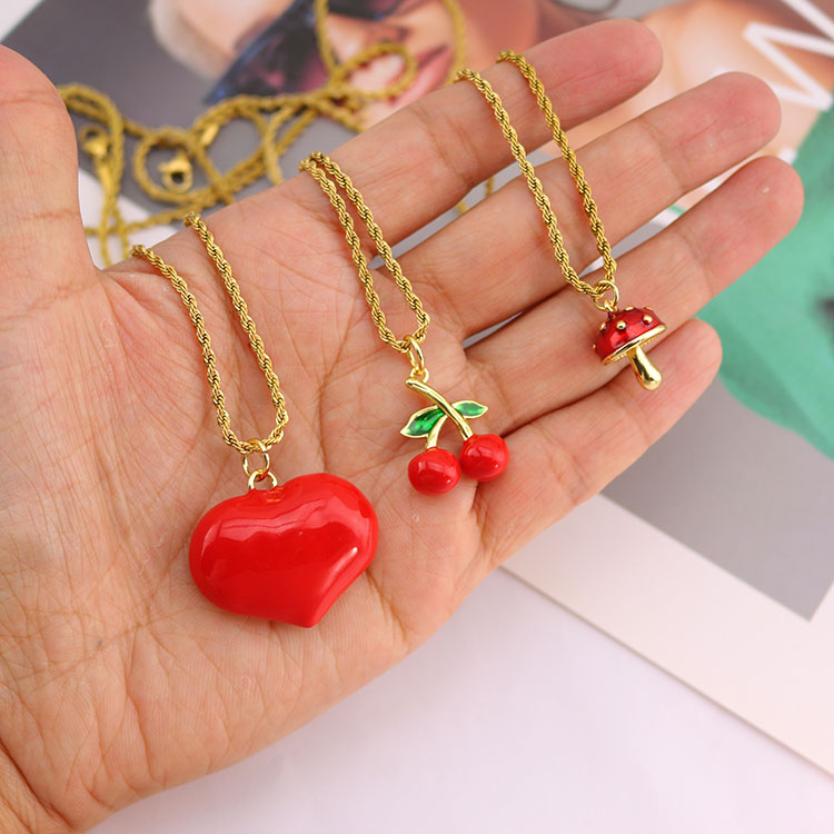 Stainless Steel Rope Chain Necklace with Red Enamel Puffy Heart Cherry Mushroom Pendant